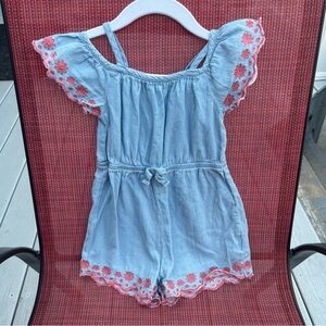 🍭Vince Camuto Girls' Chambray Romper with Pink Floral Embroidery Accents 24m